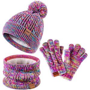 Kids Winter Hat Gloves Scarf Set,Girls Toddler Children Hats Beanie with Pom Kni